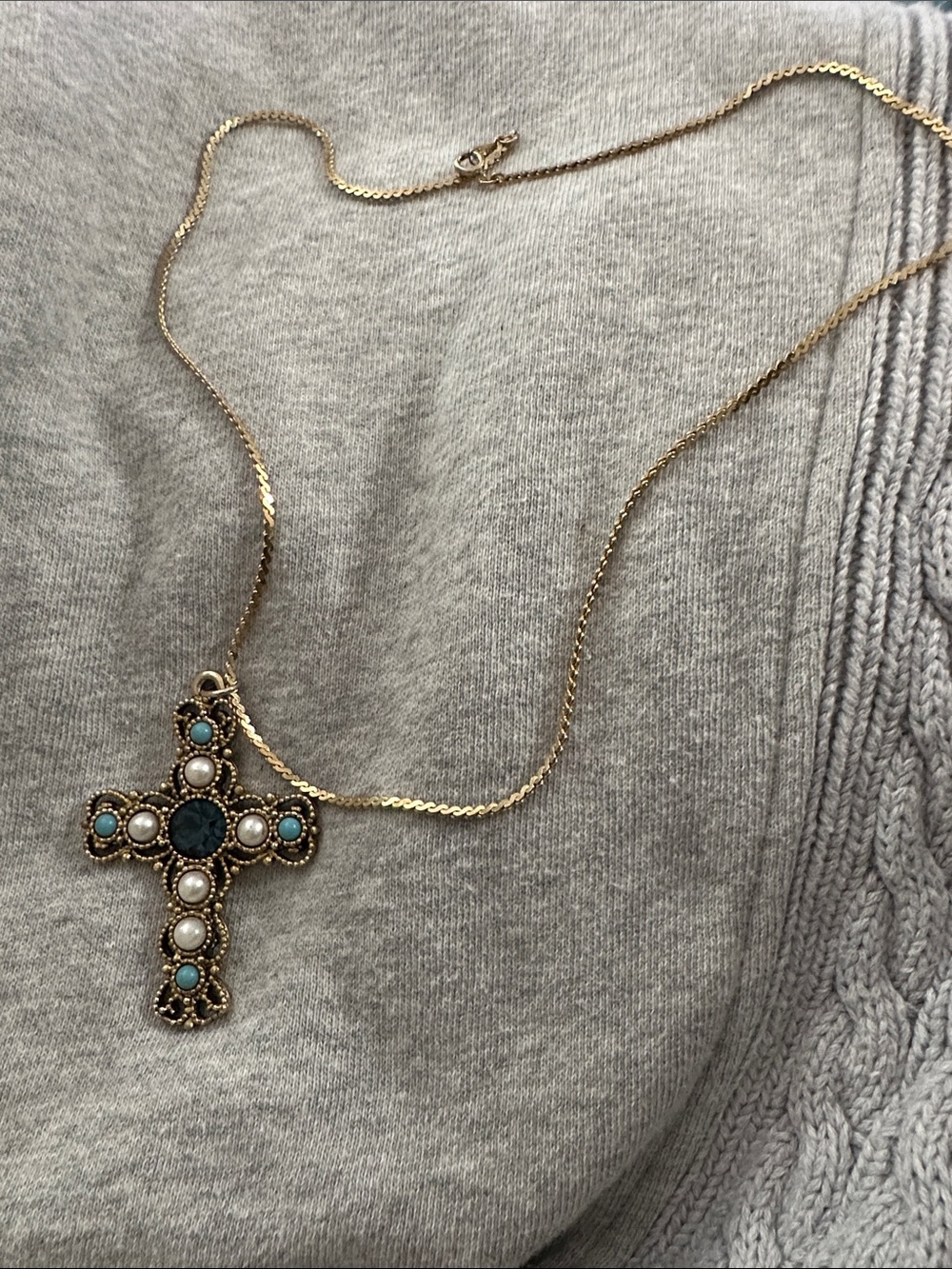 Gold Cross Pendant Necklace with Turquoise and Pearl Accents